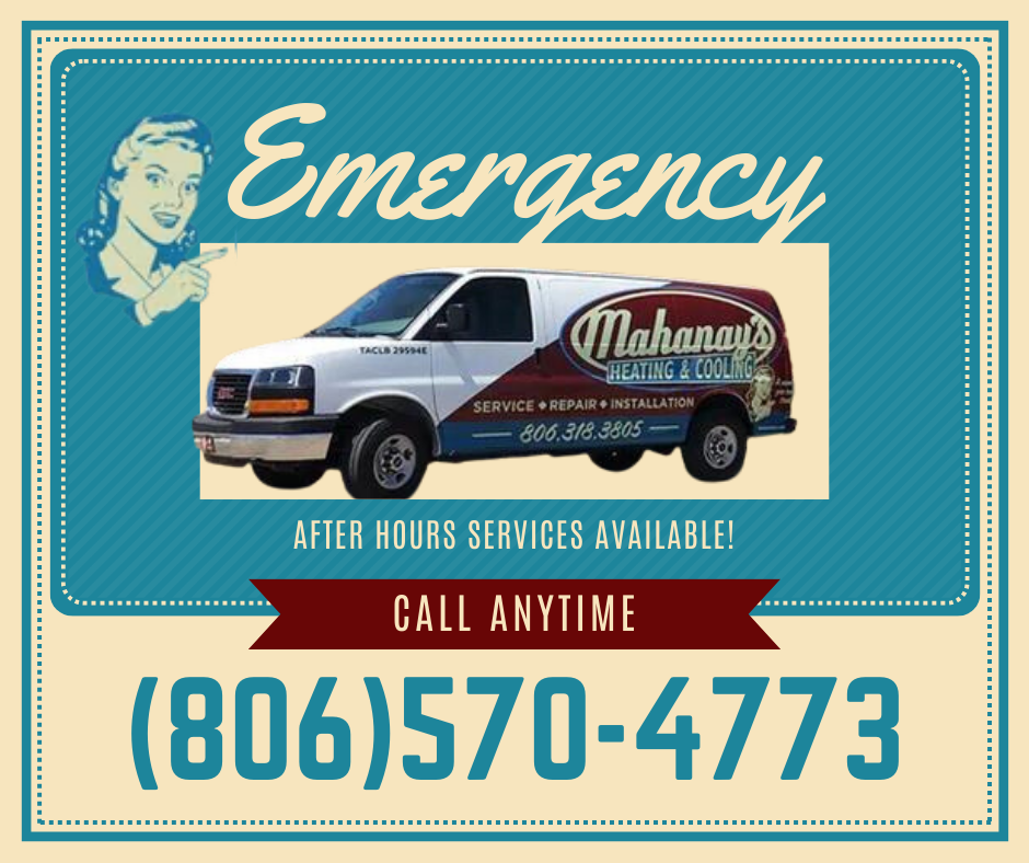 Emergency HVAC service ad with a van; call (806)570-4773. Includes a vintage style illustration of a woman.