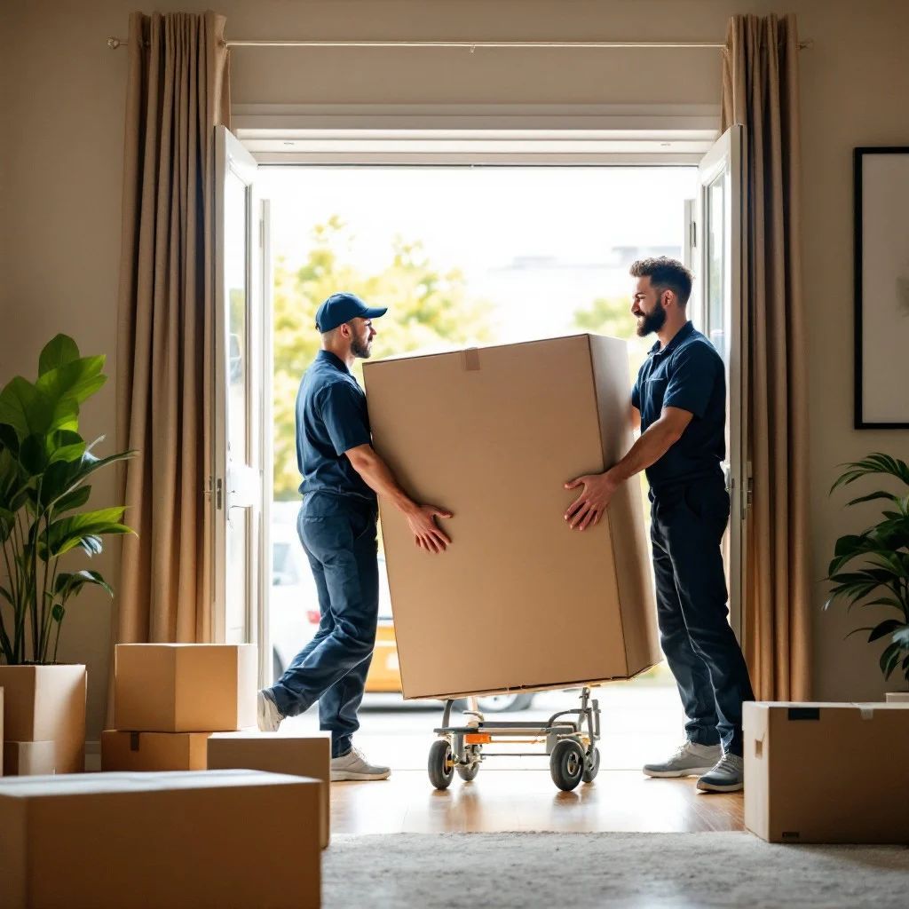 Two men are carrying a large cardboard box on a cart.
