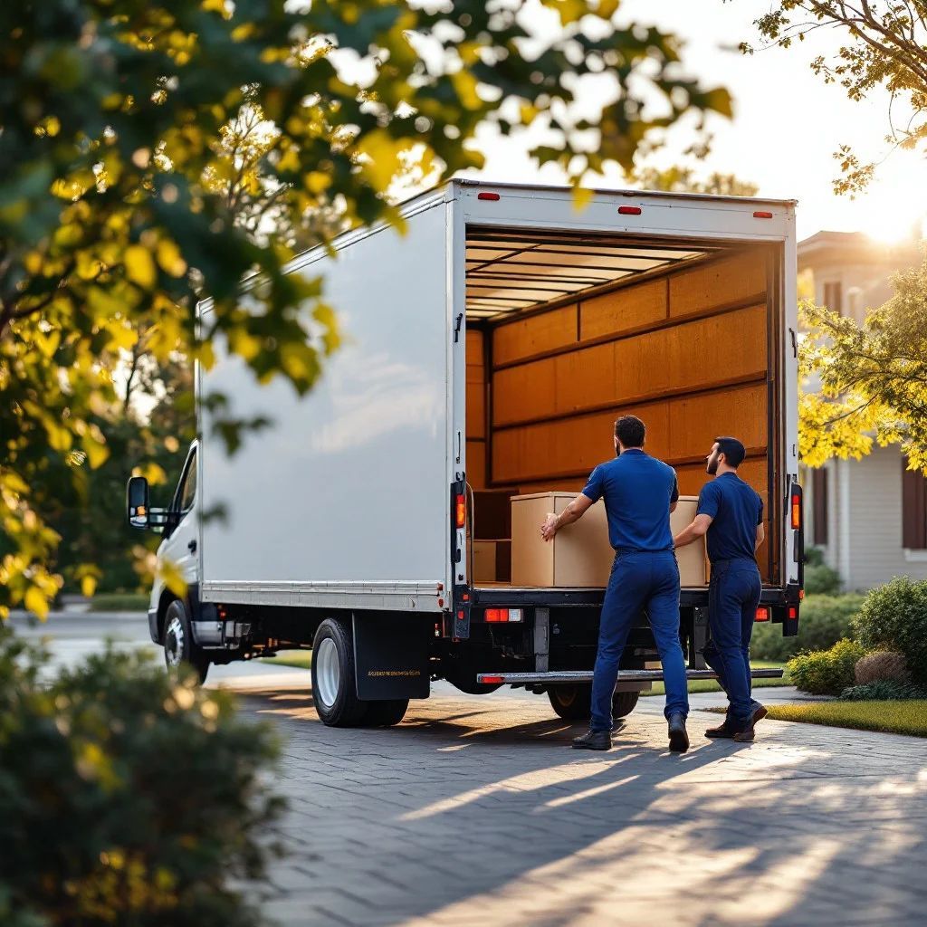 Two men are loading boxes into a moving truck.