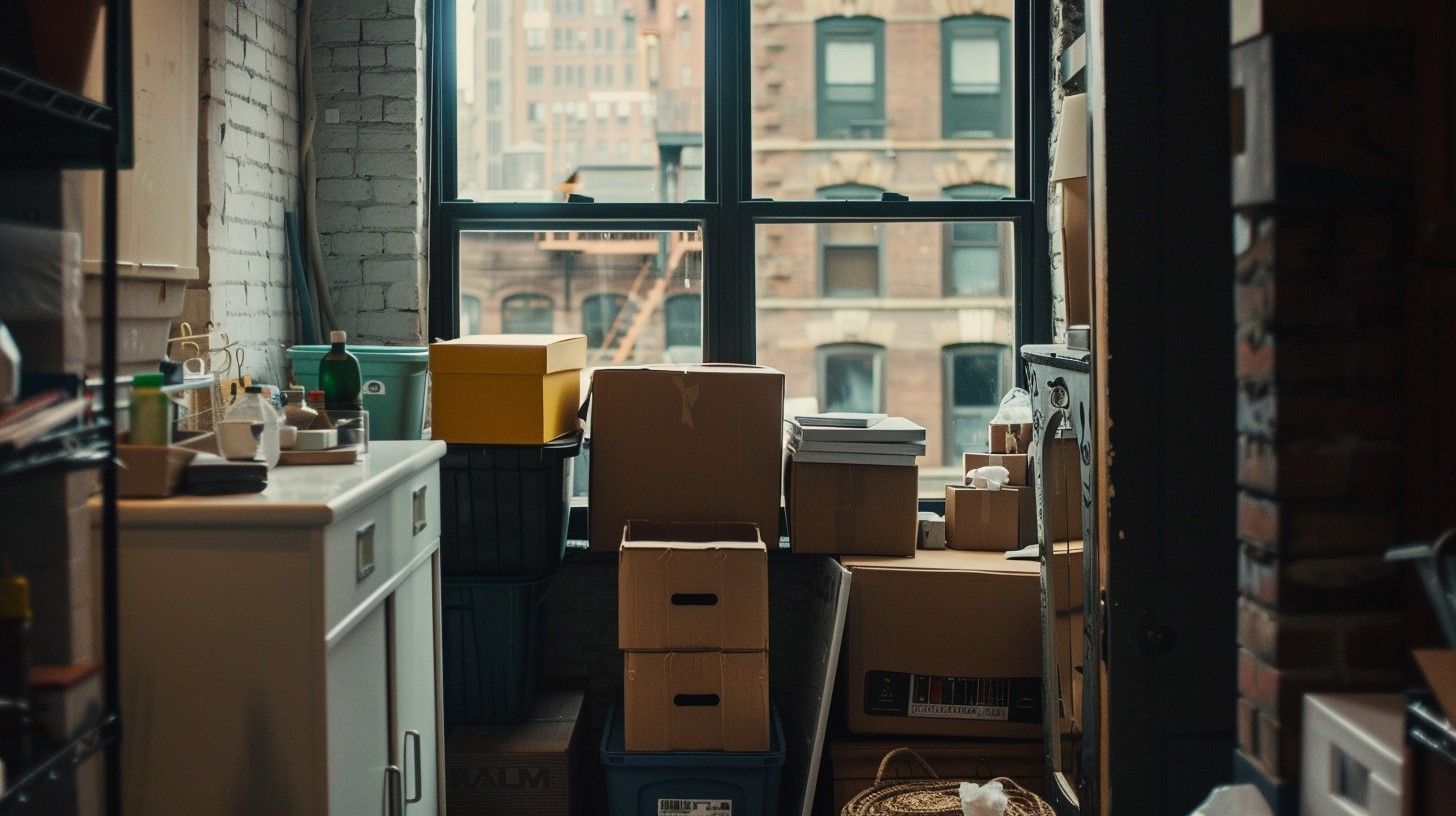 A room filled with lots of boxes and a window.