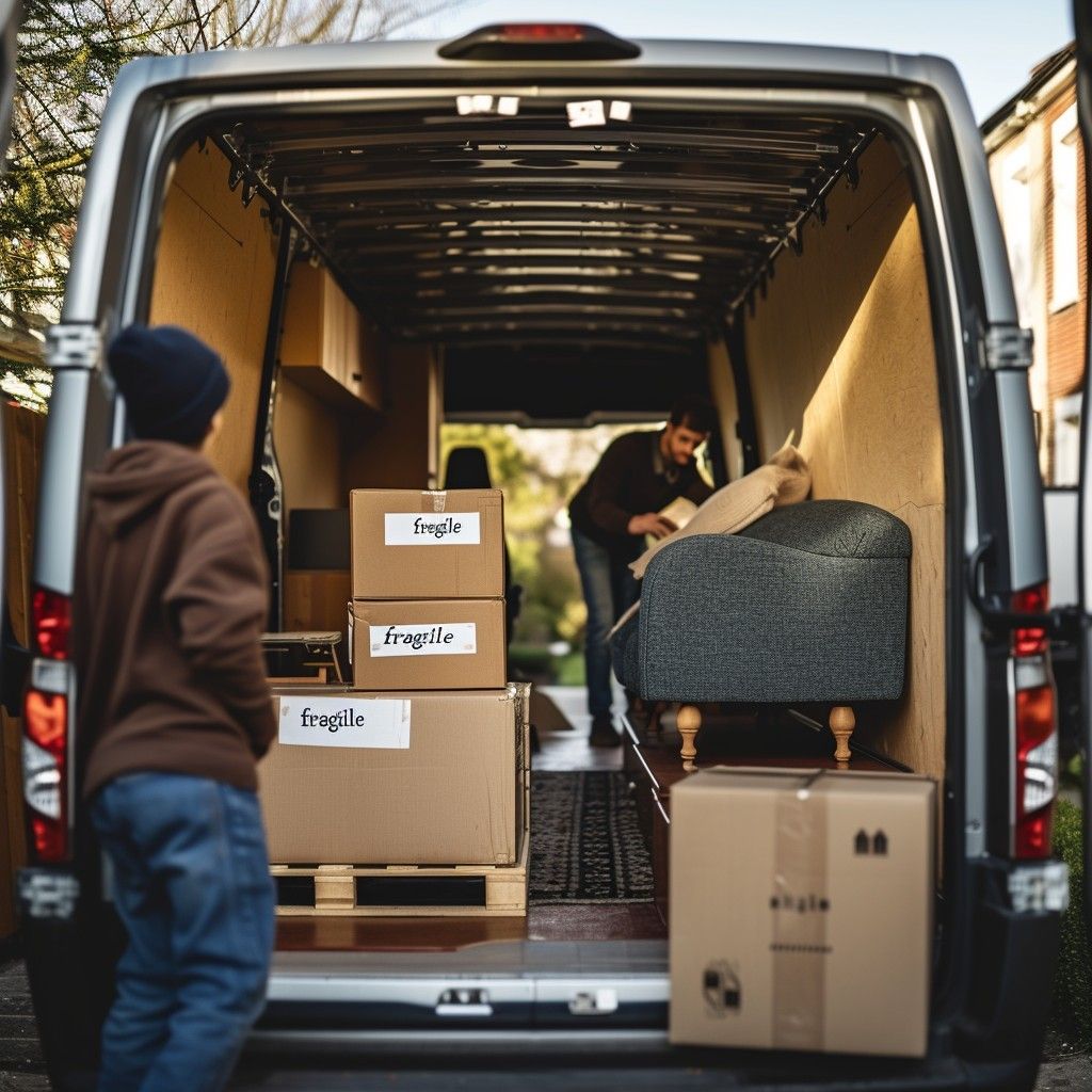 A man is loading a van with fragile boxes