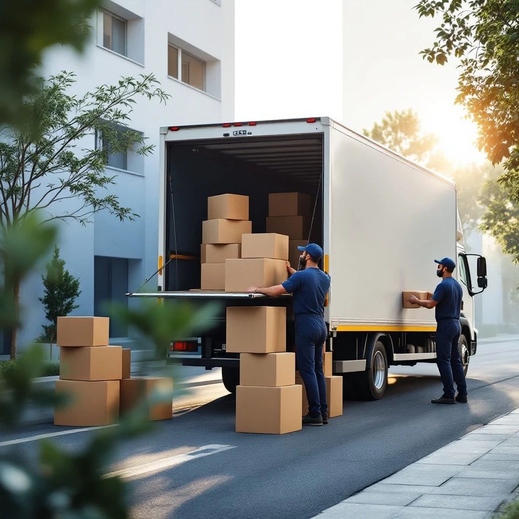 Two men are loading boxes into a truck on the side of the road.