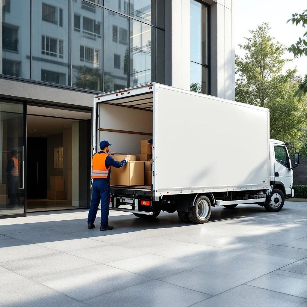 A man is loading boxes into a white truck