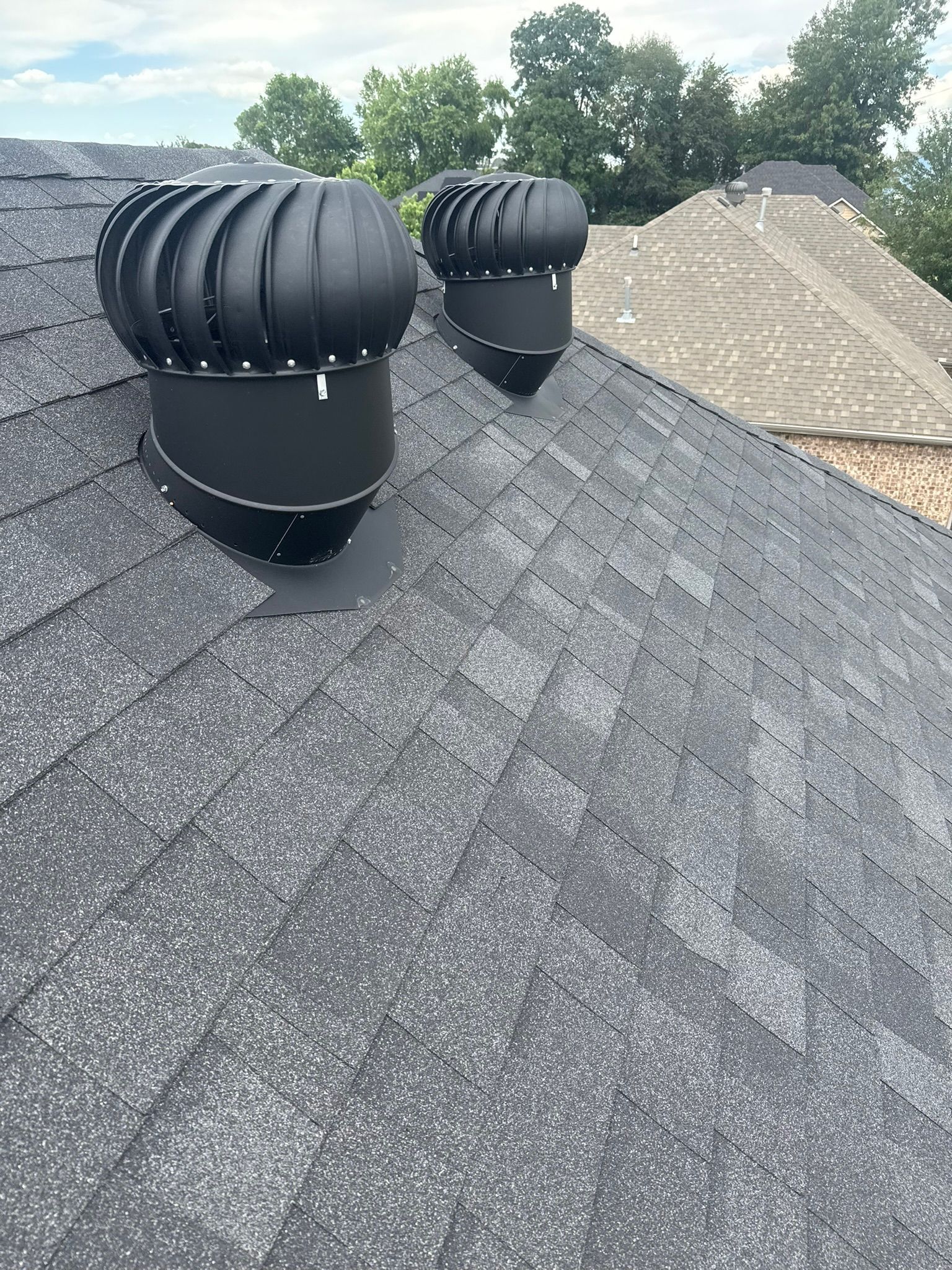Two black turbine roof vents on a dark gray shingled roof, trees in the background.