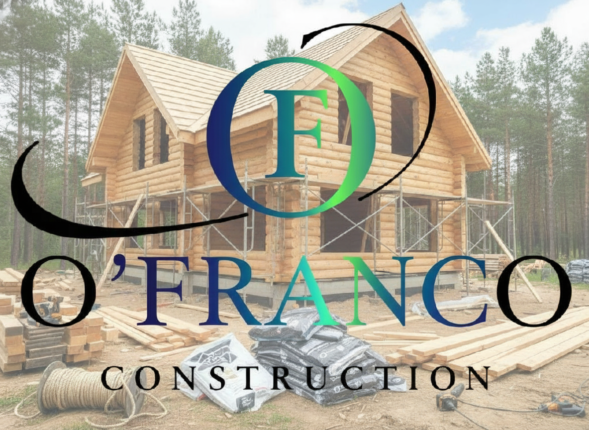 Log cabin construction site with "O'Franco Construction" logo.  Wooden house in progress, green/teal logo over building.