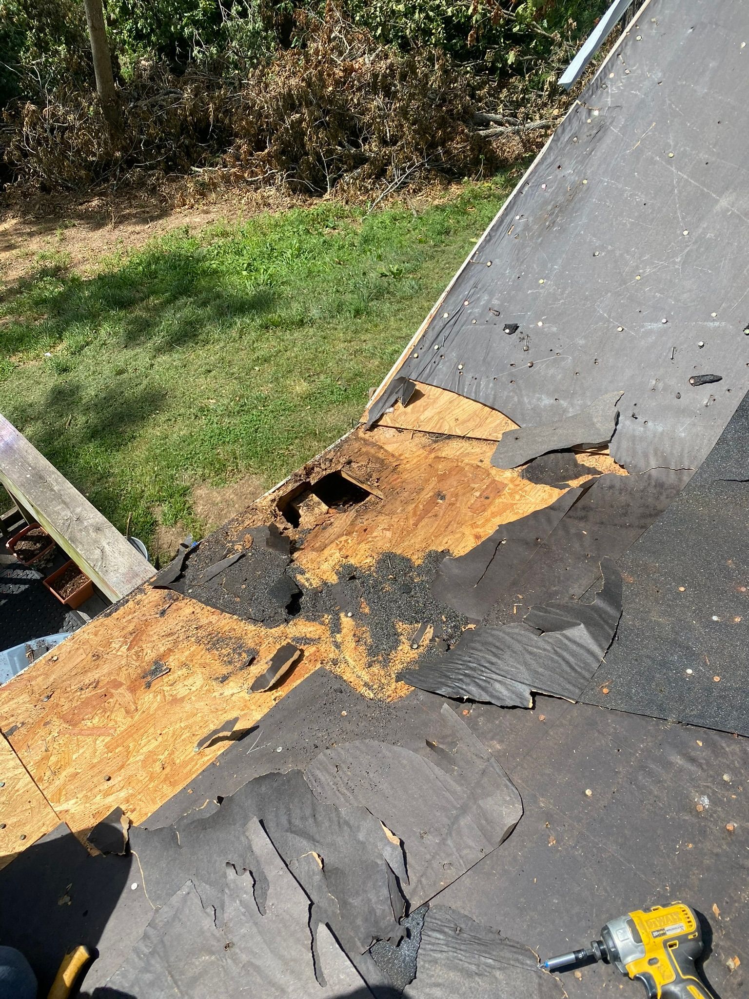 Damaged roof with missing shingles exposing brown underlayment. A power tool sits on the roof.
