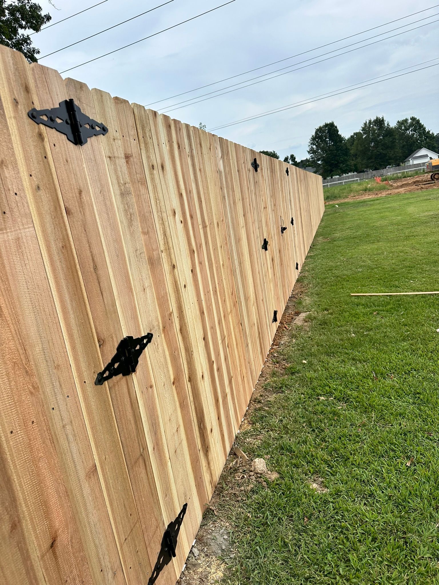 Wooden fence with black hinges, green grass, and overcast sky.