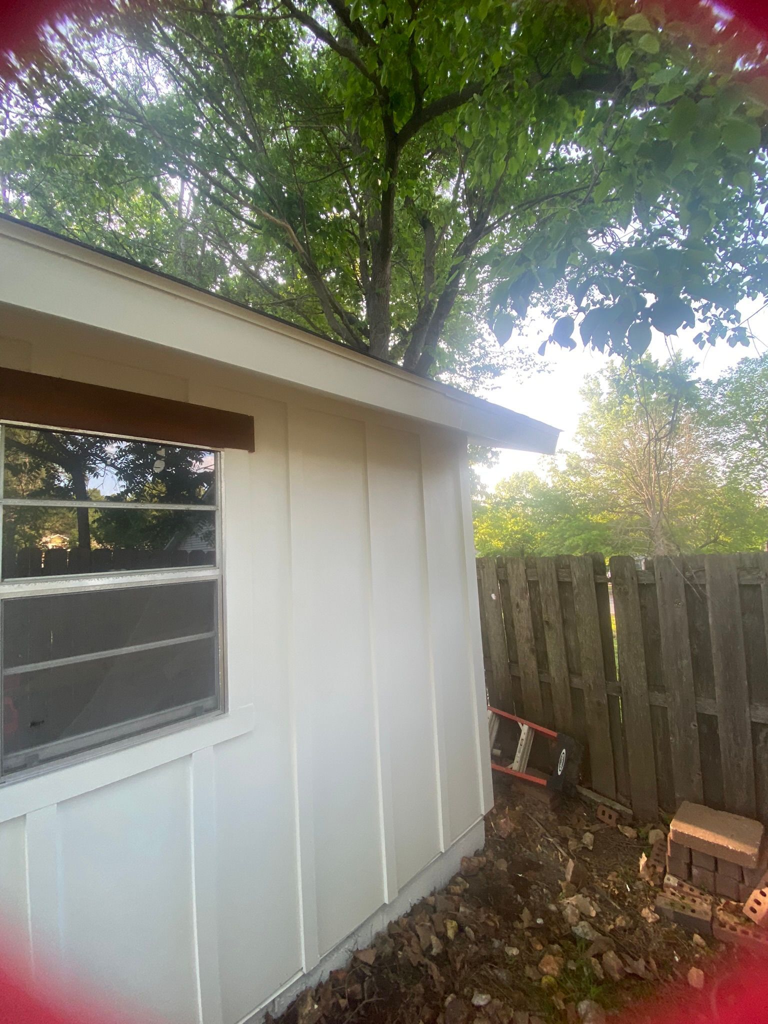 White shed with a window next to a wooden fence and a tree with green leaves.