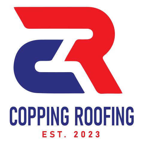 A red and blue logo for copping roofing est . 2023