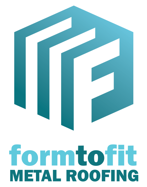 A blue and white logo for form to fit metal roofing