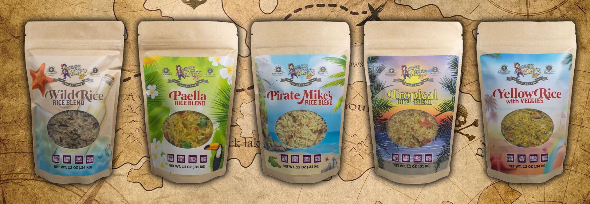 Five bags of food are lined up in a row on a map.