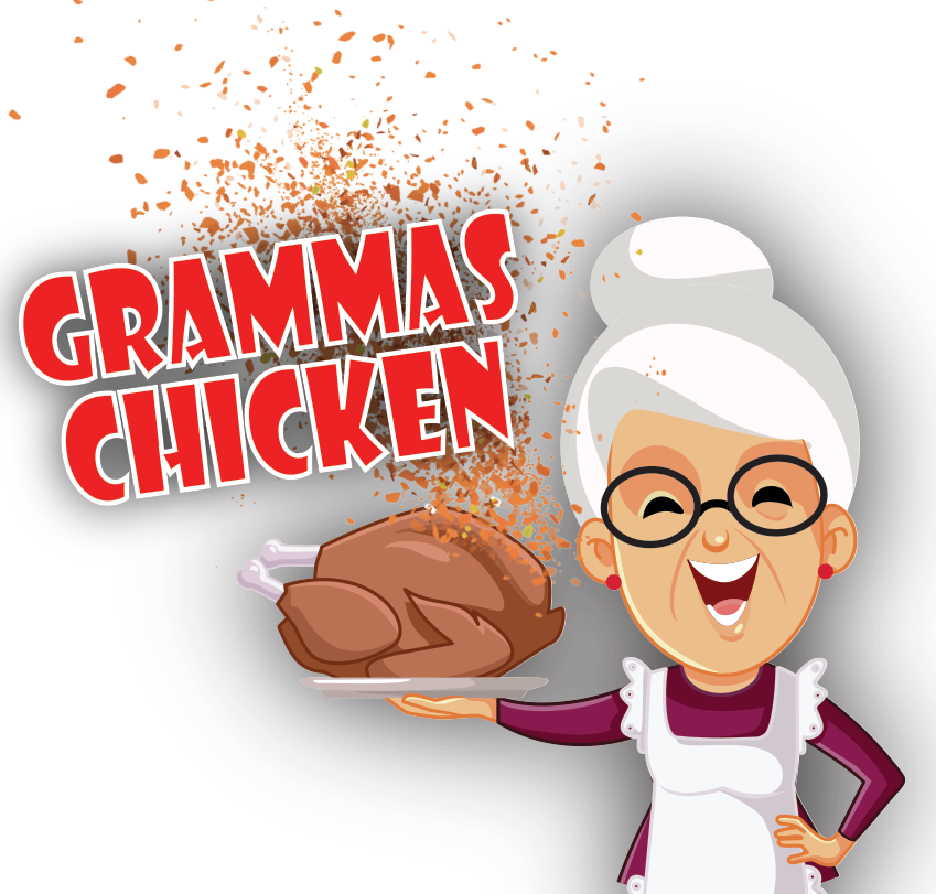 A cartoon of an elderly woman holding a roasted chicken with the words grammas chicken behind her