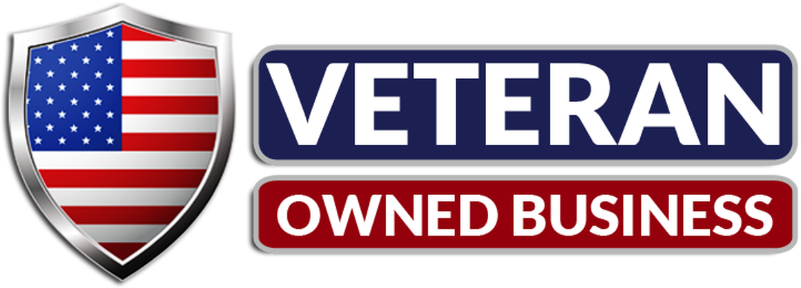 A veteran owned business logo with an american flag on a shield.