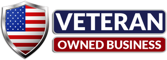 A veteran owned business logo with an american flag on a shield.