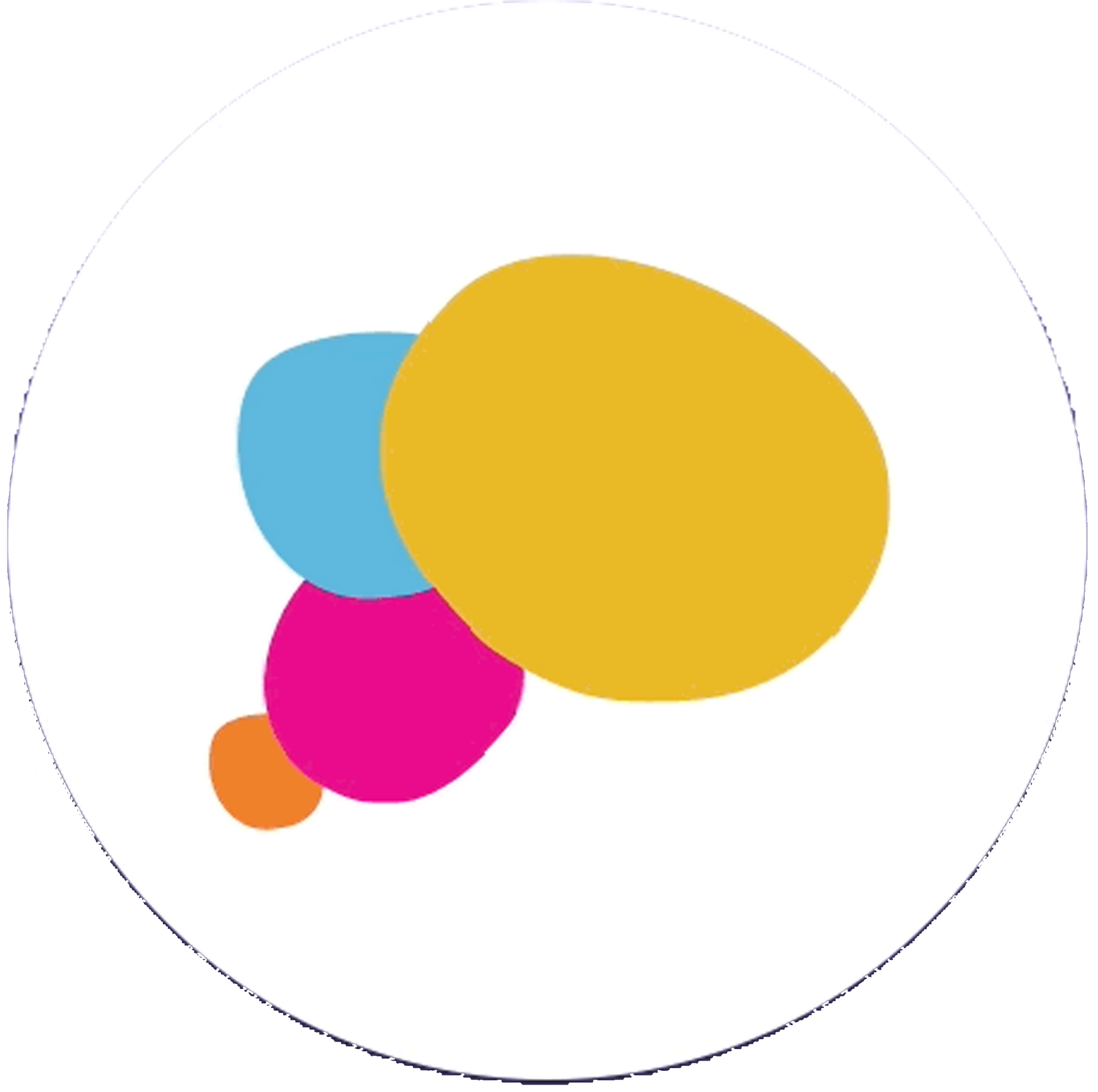 A white circle with three colorful circles in it