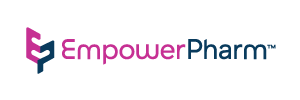 The logo for empower pharm is a pink and blue logo on a white background.