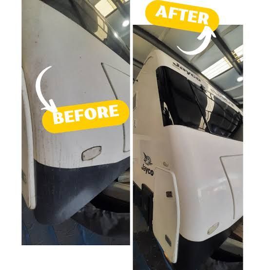 A before and after comparison of a Jayco RV front panel, showing significant dirt removal and a restored clean finish.