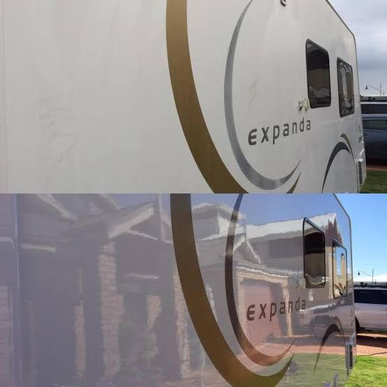 A before-and-after comparison of a caravan exterior showing significant improvement in shine and reflection after cleaning.