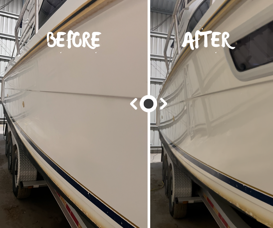 Before and after comparison of a boat hull being cleaned and polished, showing a marked improvement in shine and clarity.