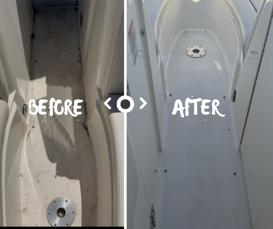 Split screen comparing a dirty boat storage compartment on the left to a cleaned, bright white compartment on the right.
