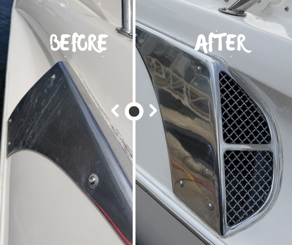Split-screen comparison of a boat vent: a dull, oxidized black vent before cleaning on the left, and polished chrome on right.