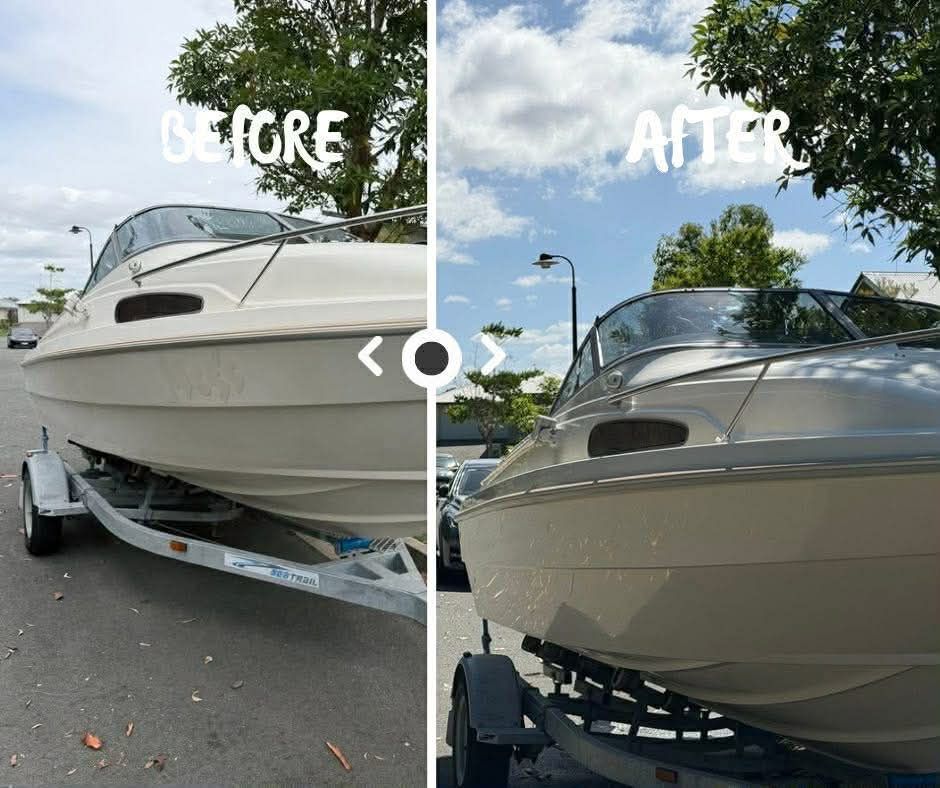 Before and after comparison of a boat showing a transformation from a dull, weathered finish to a shiny, polished look.