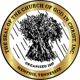 Seal of the Church of God in Christ. Gold and black with wheat and text: 