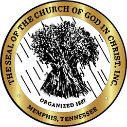 Seal of the Church of God in Christ, Memphis, Tennessee; gold border, bundle of wheat.