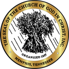 Seal of the Church of God in Christ, Inc. with a wheat sheaf graphic. Gold rim, black text.