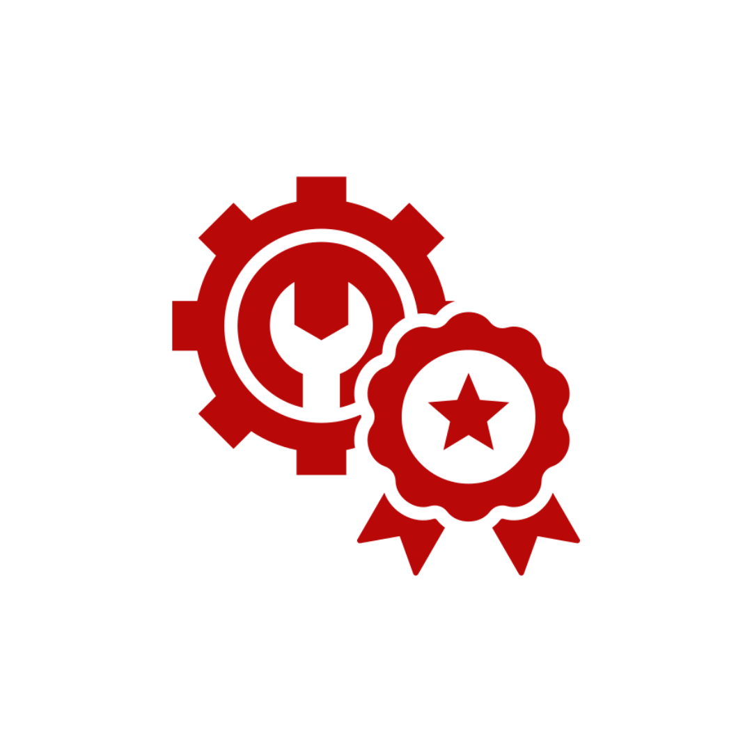 A red gear with a wrench and two ribbons with a star on them.