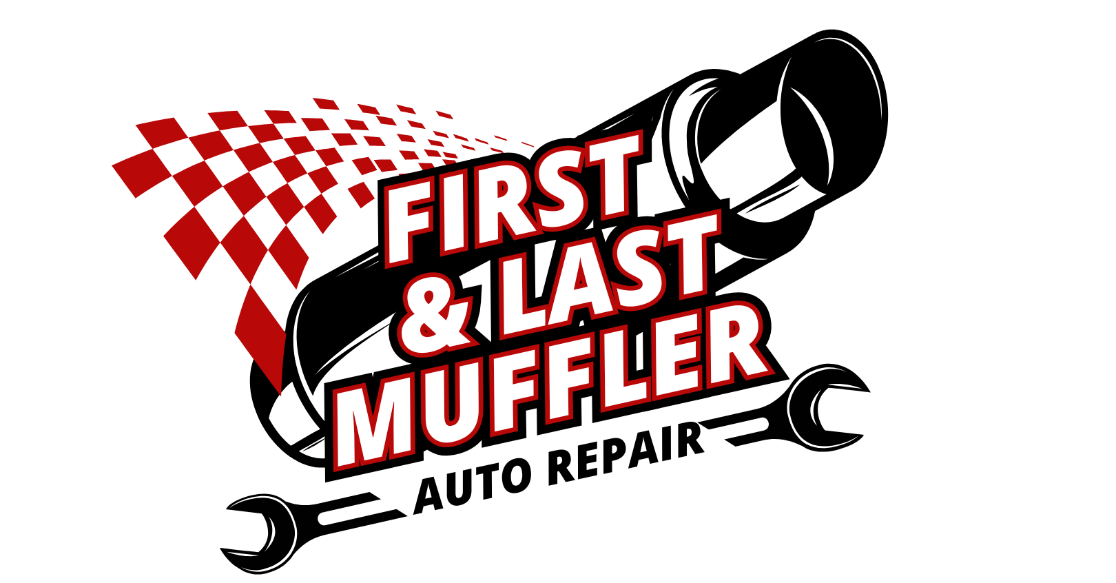 A logo for first and last muffler auto repair with a checkered flag and a wrench.