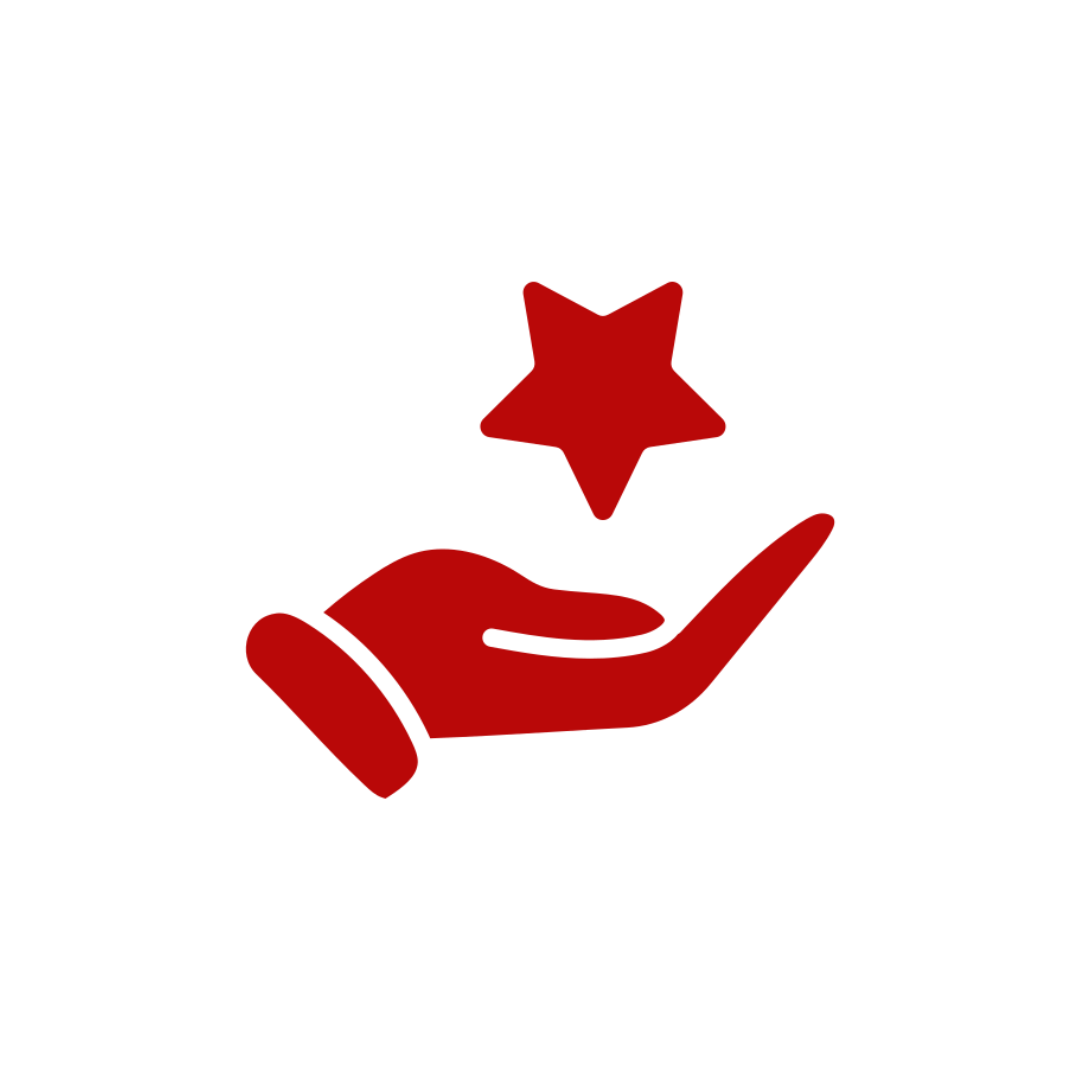 A red icon of a hand holding a star.