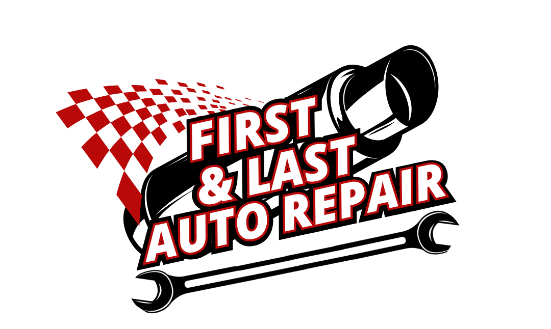 A logo for first and last muffler auto repair with a checkered flag and a wrench.