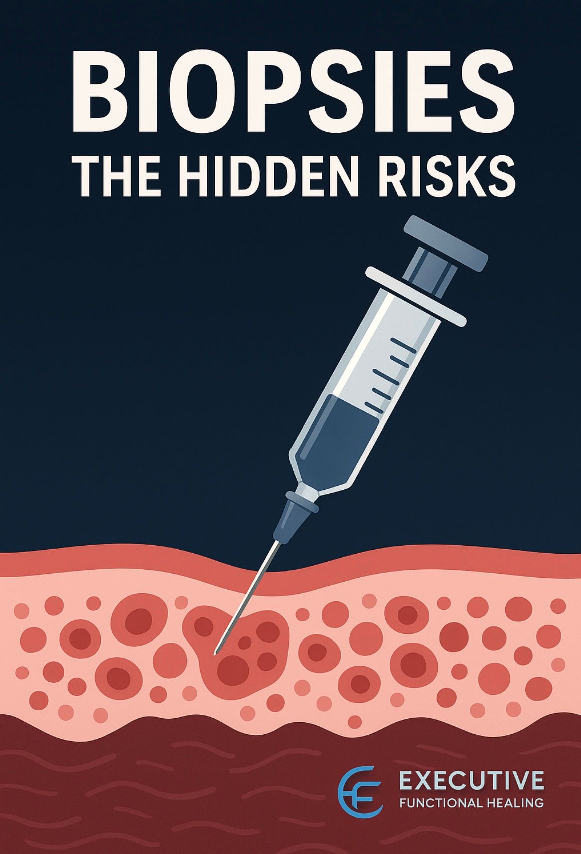 Illustration of biopsy needle puncturing tissue with text “Biopsies The Hidden Risks” 