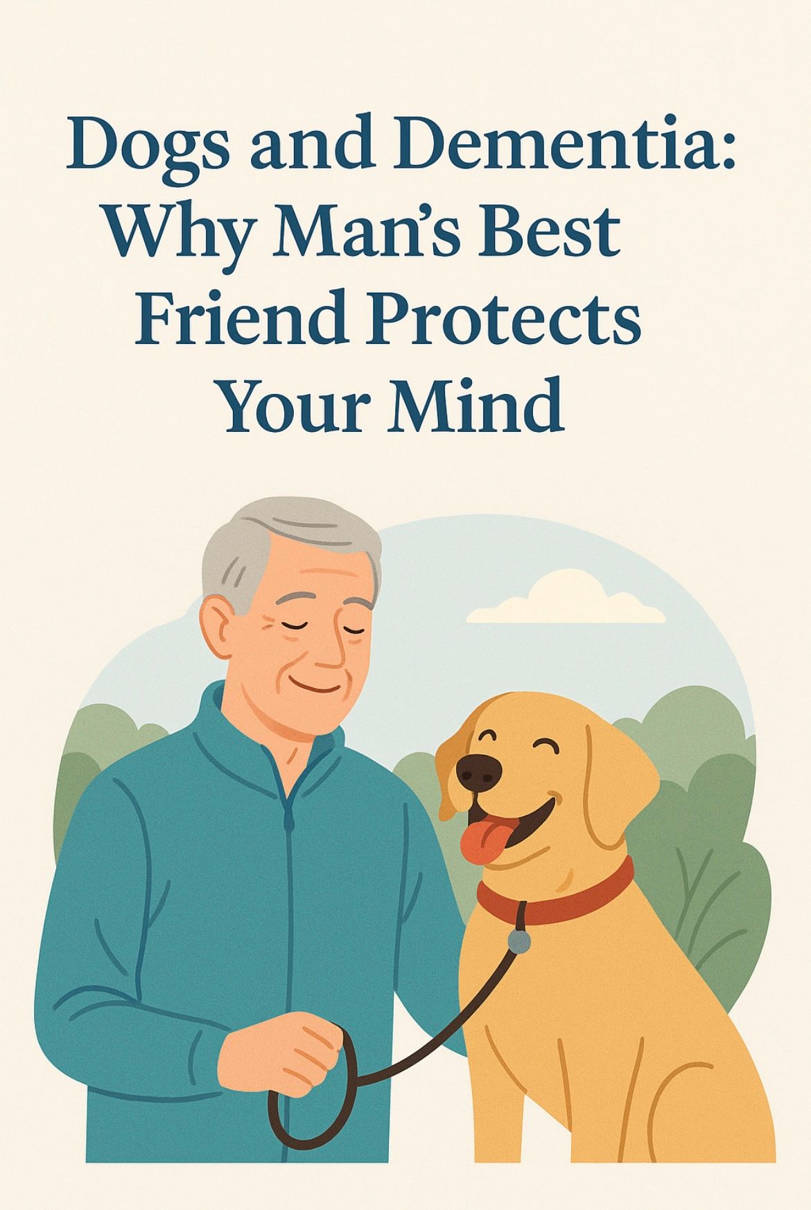 Senior walking a happy dog outdoors, showing reduced dementia risk and better brain health
