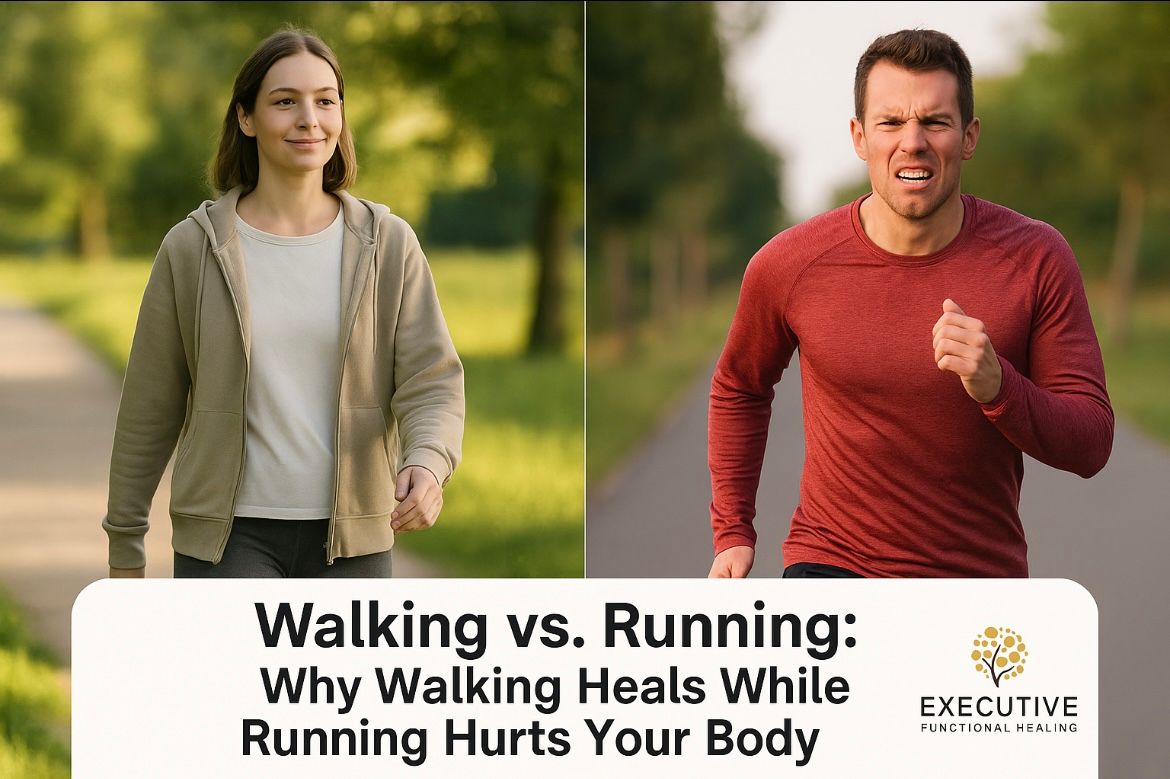 Side-by-side image of relaxed walker vs strained runner with Executive Functional Healing logo


