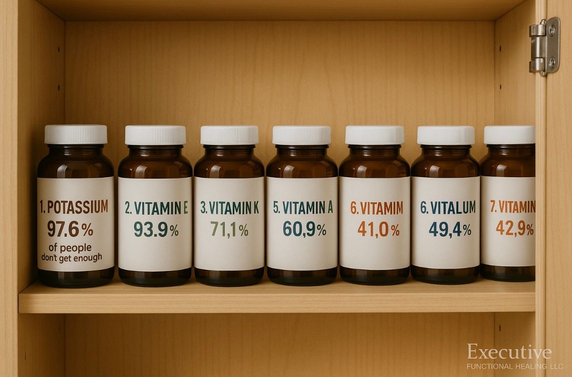 Seven supplement bottles on a cabinet shelf labeled with common U.S. nutrient deficiencies



