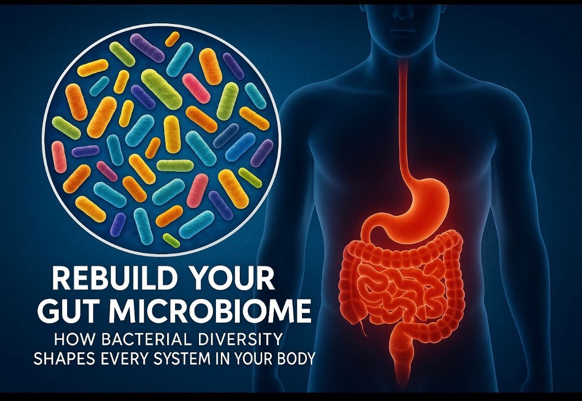 Illustration of gut microbiome diversity showing bacteria inside human body for gut health blog

