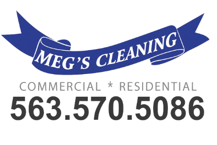 Logo for Meg's Cleaning: blue ribbon with text "Meg's Cleaning" and phone number, advertising commercial & residential cleaning.