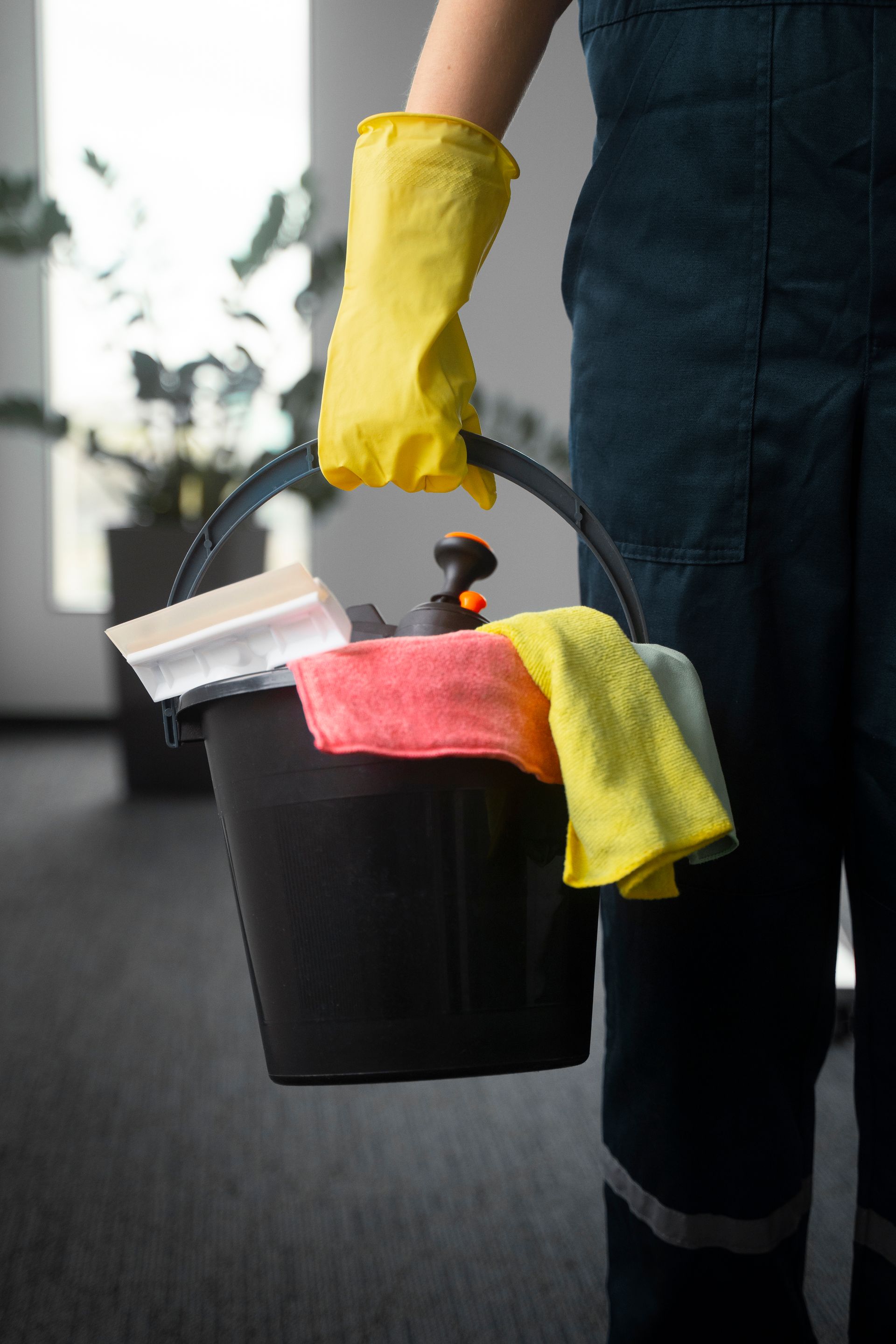 Person in blue work overalls holding a black bucket with cleaning supplies. Yellow gloves are worn.