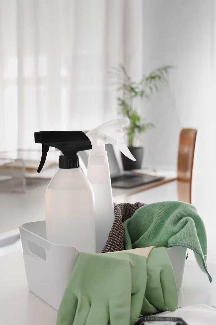 White cleaning supplies in a bin on a table. Includes spray bottles, gloves, and cloths in a bright room.