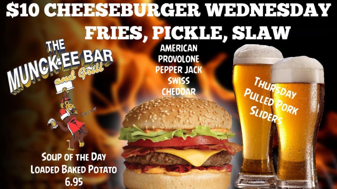 An advertisement for a cheeseburger fries pickle and slaw