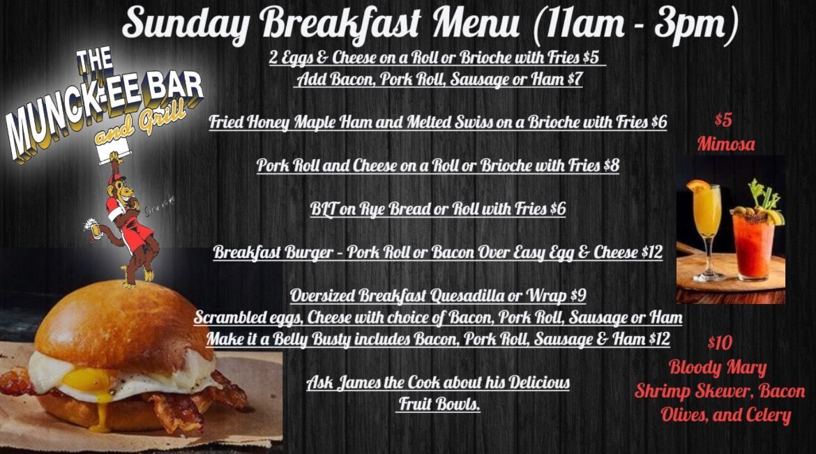 A sunday breakfast menu from the munchee bar