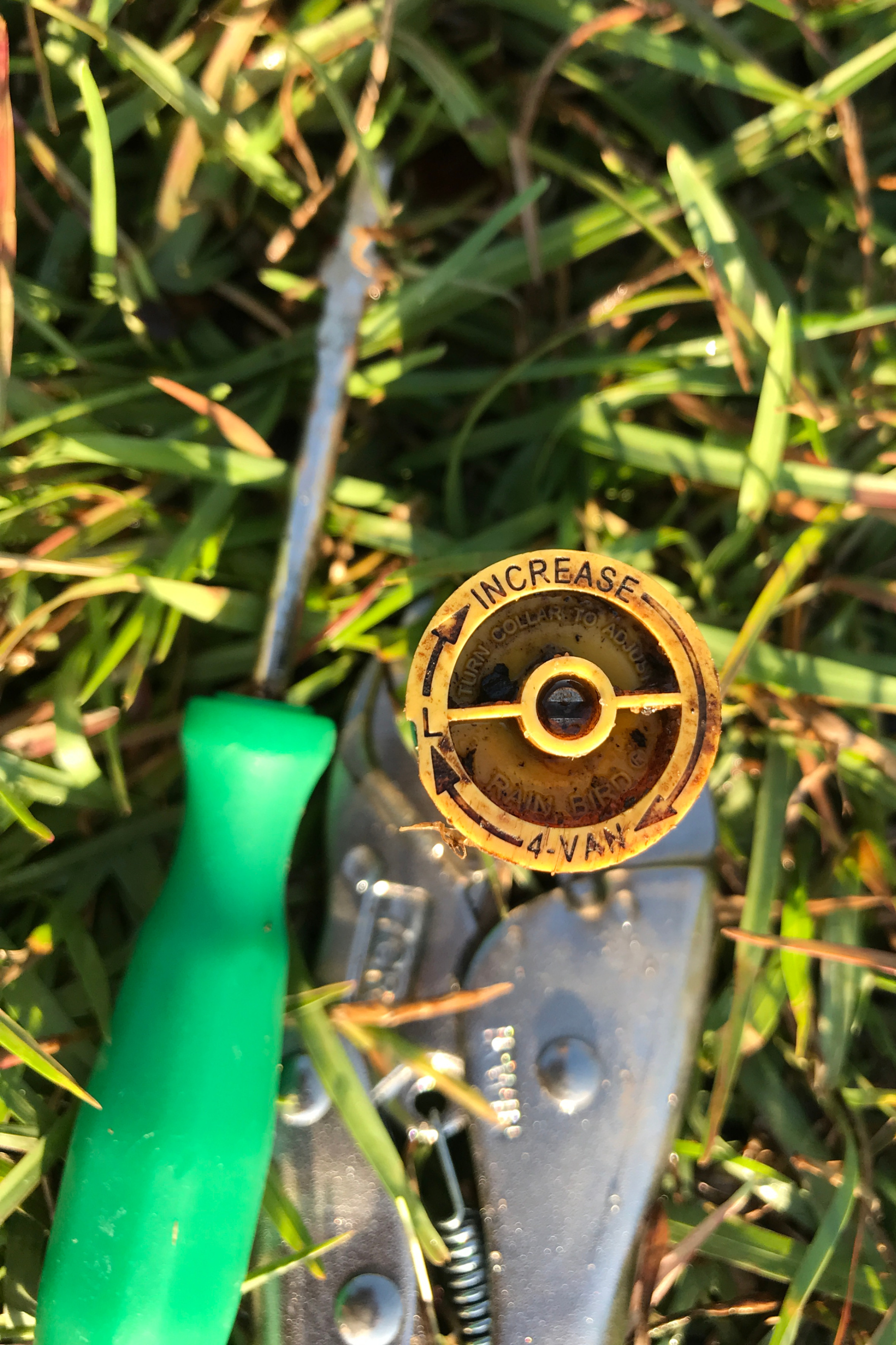A green screwdriver is sitting next to a tool in the grass.