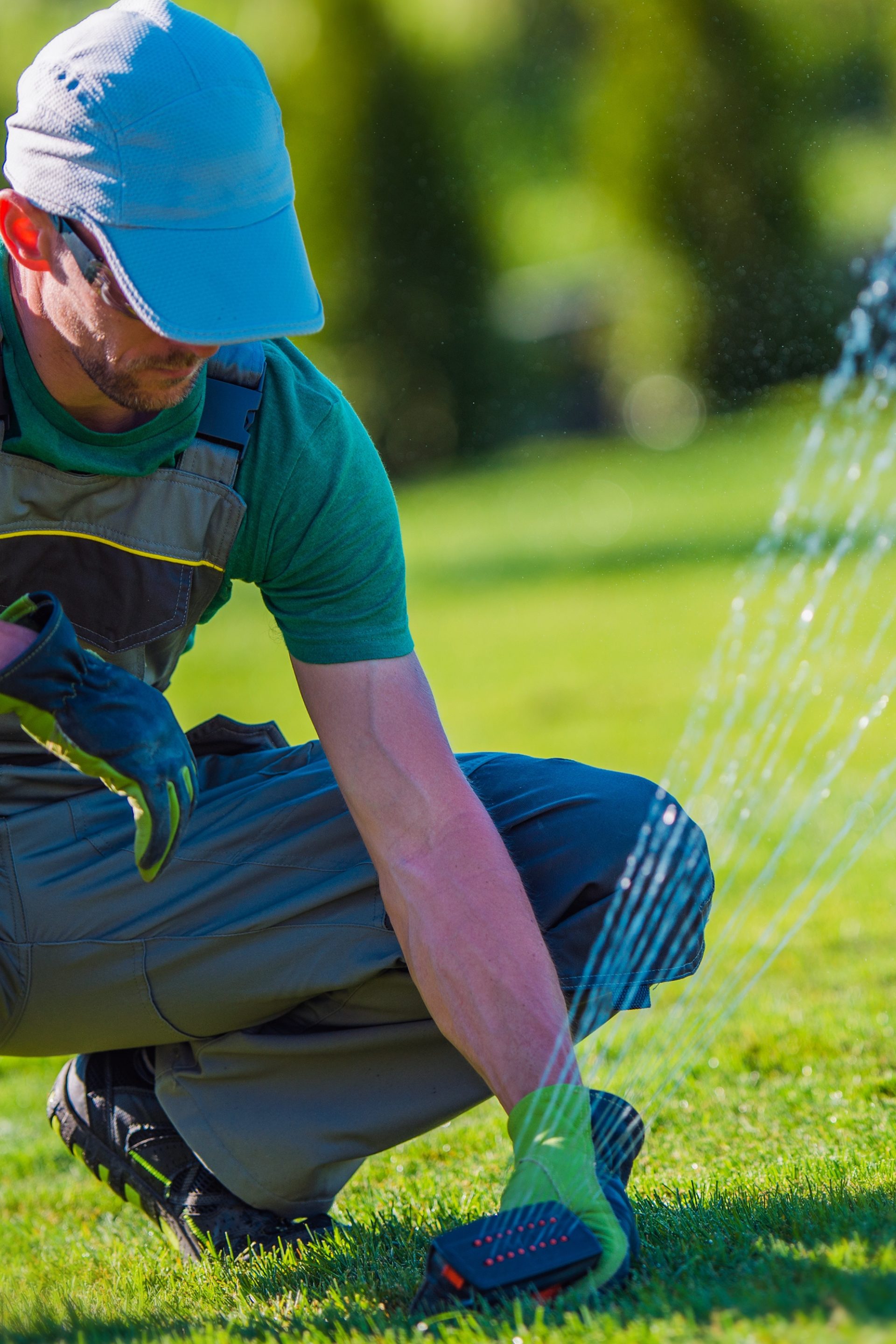 A man is kneeling down to water a lawn with a sprinkler.
