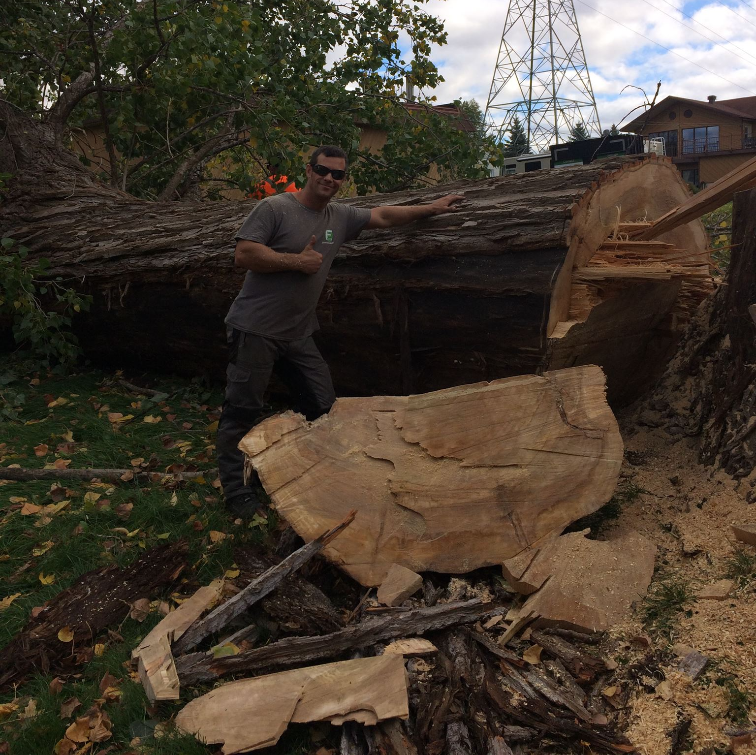 Un homme debout à côté d’un gros morceau de bois