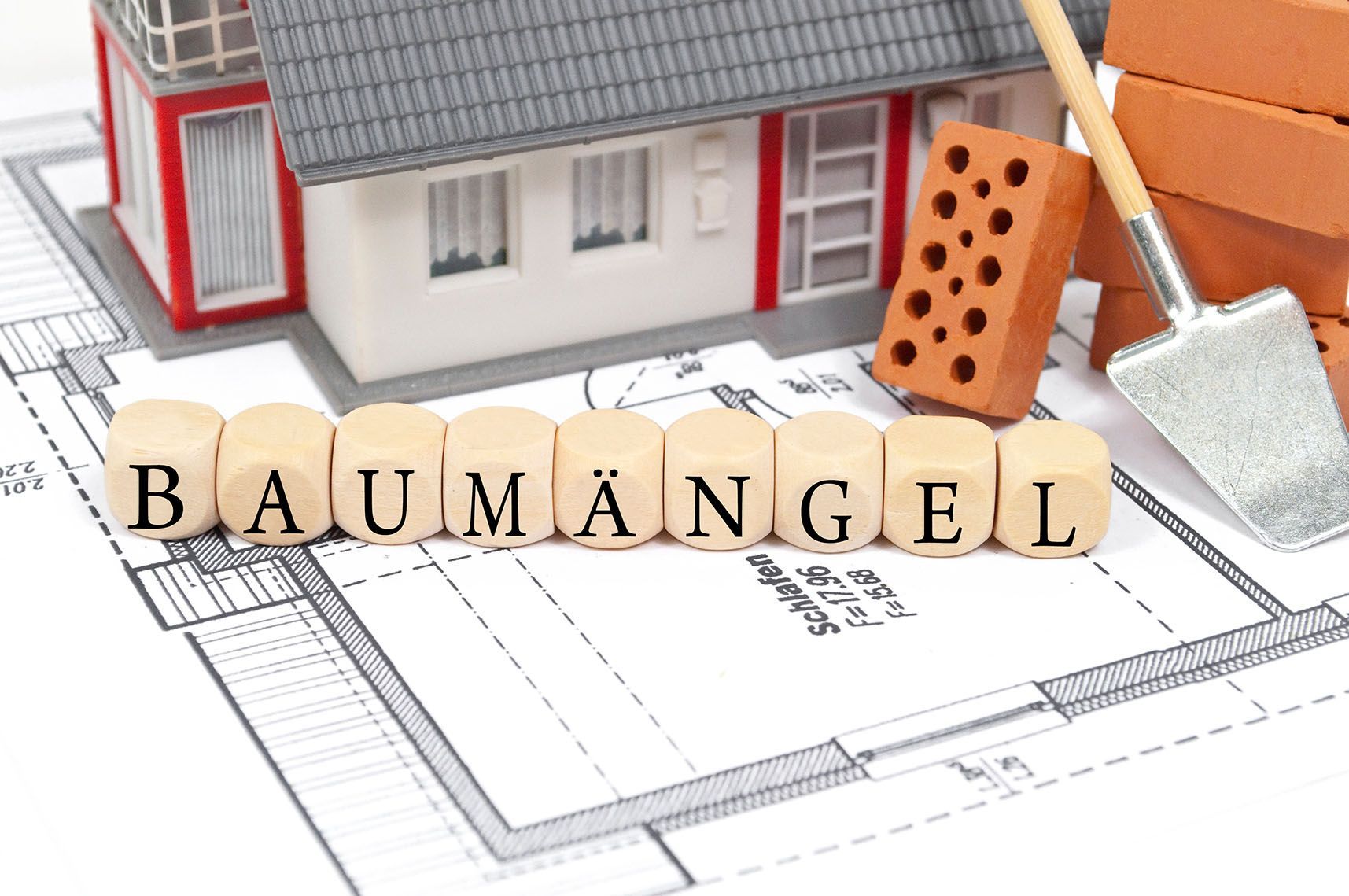 Ein Haus wird gebaut und das Wort Baumangel ist in Holzklötzen geschrieben