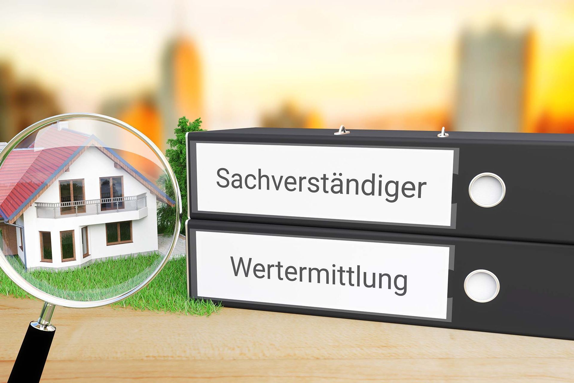 Mit einer Lupe wird ein Haus neben einem Stapel Ordner beleuchtet.
