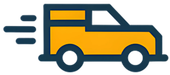 Yellow delivery van with blue outline, going fast.