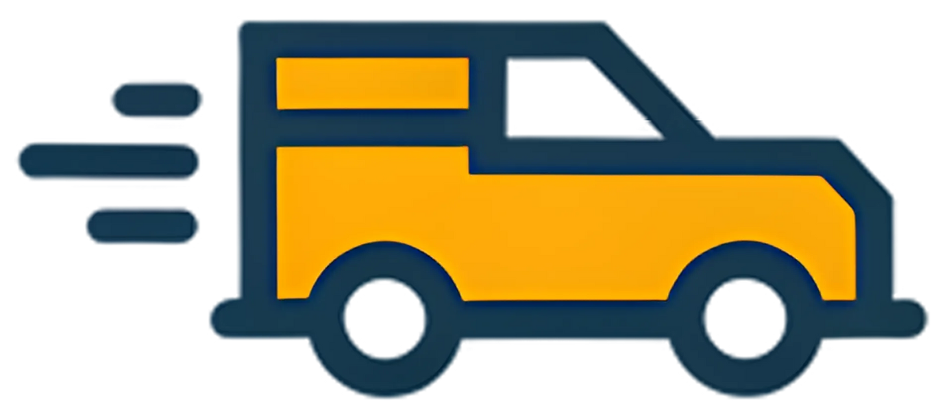 Yellow delivery van with blue outline, going fast.
